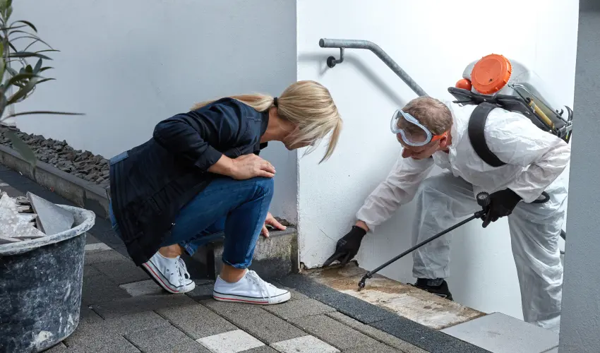 A Pest Control Technician Inspects an Exposed Area in the Foundation of a Commercial Building.