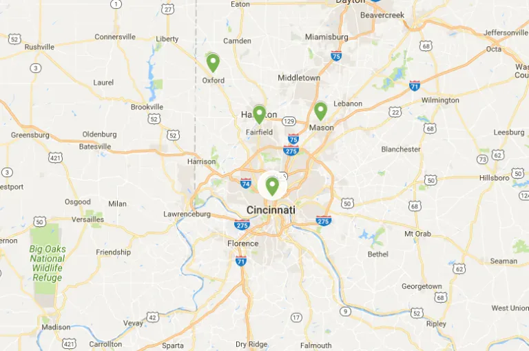 Map of the Animal Remover service area across Greater Cincinnati and Dayton Ohio, Northern Kentucky and Southeastern Indiana