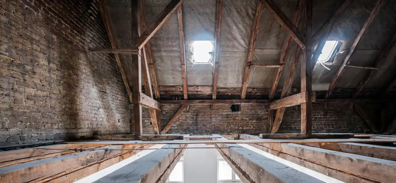 Interior of an unfinished attic showing exposed roof rafters