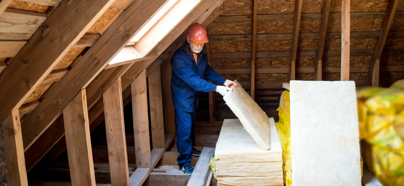 An Animal Remover technician installs fiberglass insulation in the attic of a Cincinnati home