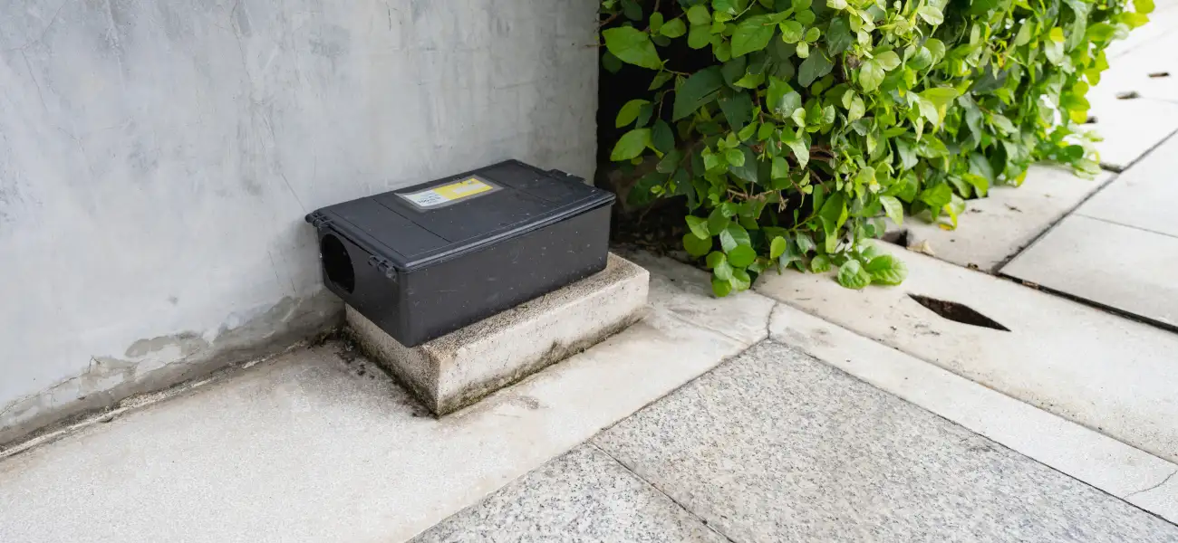 A rodent trap placed in a breezeway of a commercial business