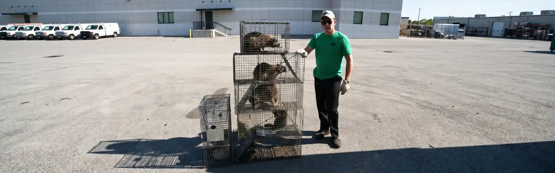 An Animal Remover technician standing with raccoons trapped in cages. Call or contact Animal Remover for wildlife control and removal services in Cincinnati, OH.