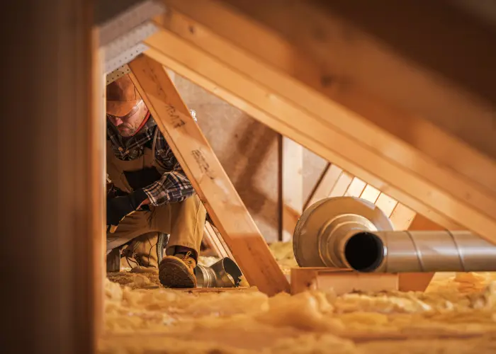 An Animal Remover technician repairing ducting in an attic after wildlife intrusion in Kentucky.