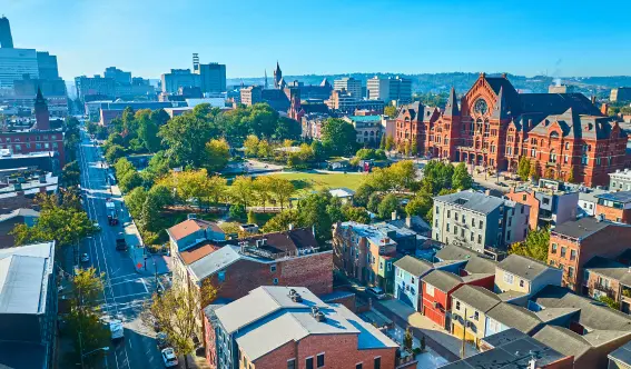 Aerial view of historic Over-the-Rhine residential roofs and Cincinnati Music Hall in Southwest Ohio. Animal Remover provides professional wildlife control services throughout Greater Cincinnati and Dayton.
